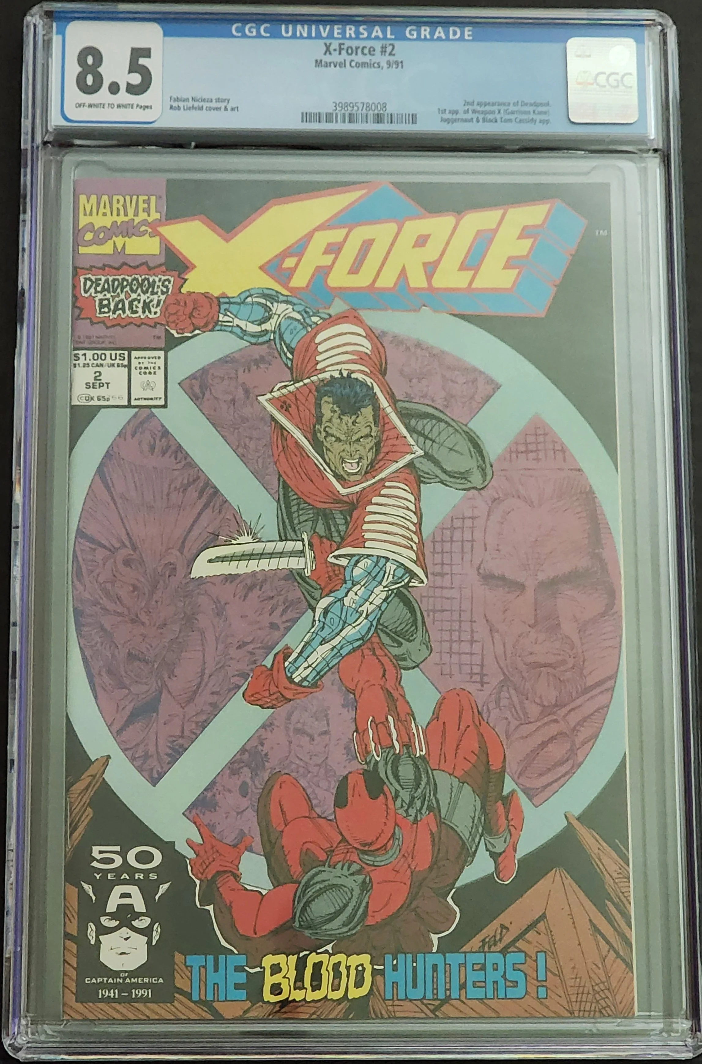 X-Force #2 CGC 8.5 Off-White/White 2nd Deadpool 1st Weapon X Garrison Kane 1991