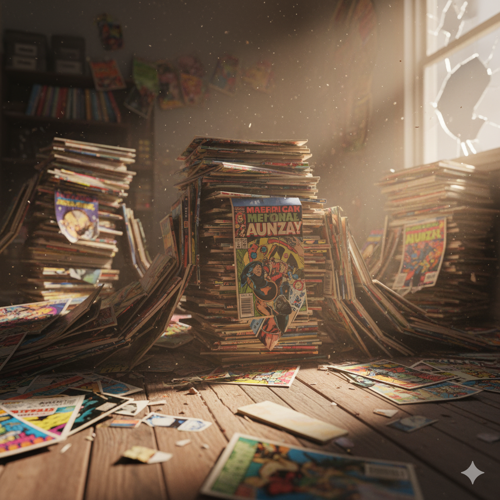 Stacks of comic books and scattered pages on a wooden floor near a window with broken glass, with sunlight streaming in.