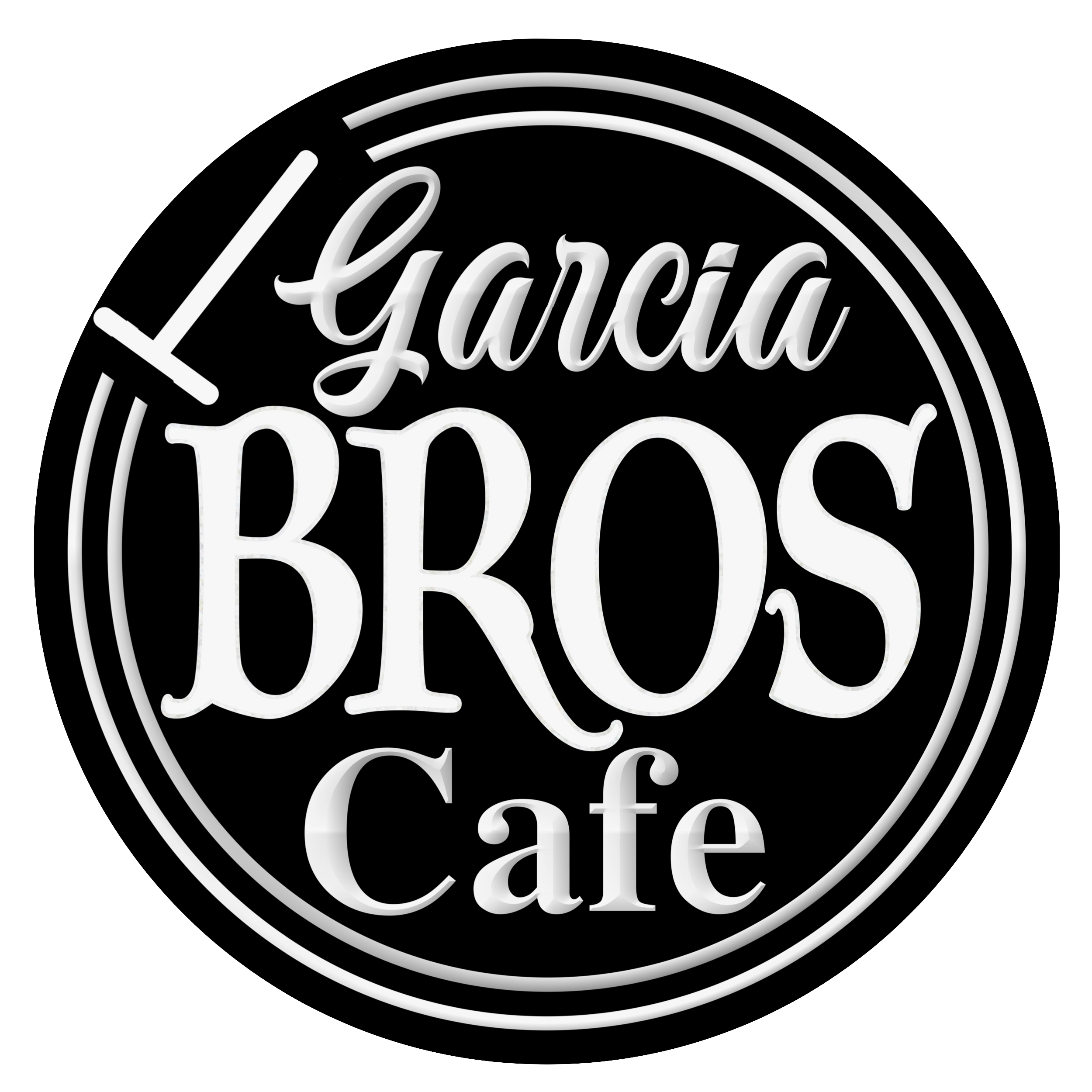 Logo for Garcia Bros Cafe in black and white with circular design and a knife illustration.