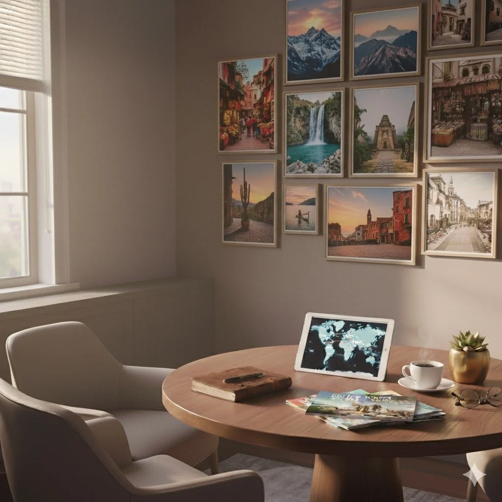 A cozy office or sitting area with a round wooden table, two light-colored chairs, a window with closed blinds, a wall decorated with framed travel and landscape photographs, an iPad displaying a world map, a cup of coffee, a small potted plant, glasses, a notebook, and magazines on the table.
