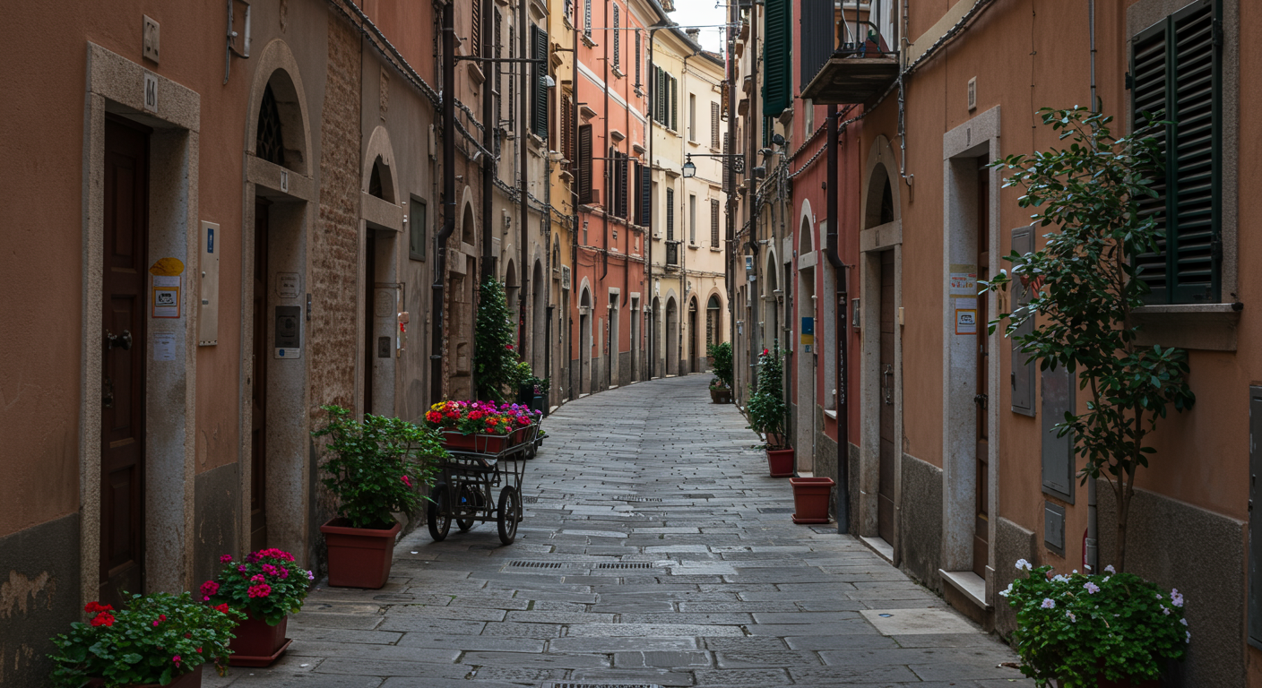 A quiet, narrow European street with colorful buildings, potted plants, and flowers in window boxes and on the street, with a cobblestone sidewalk.