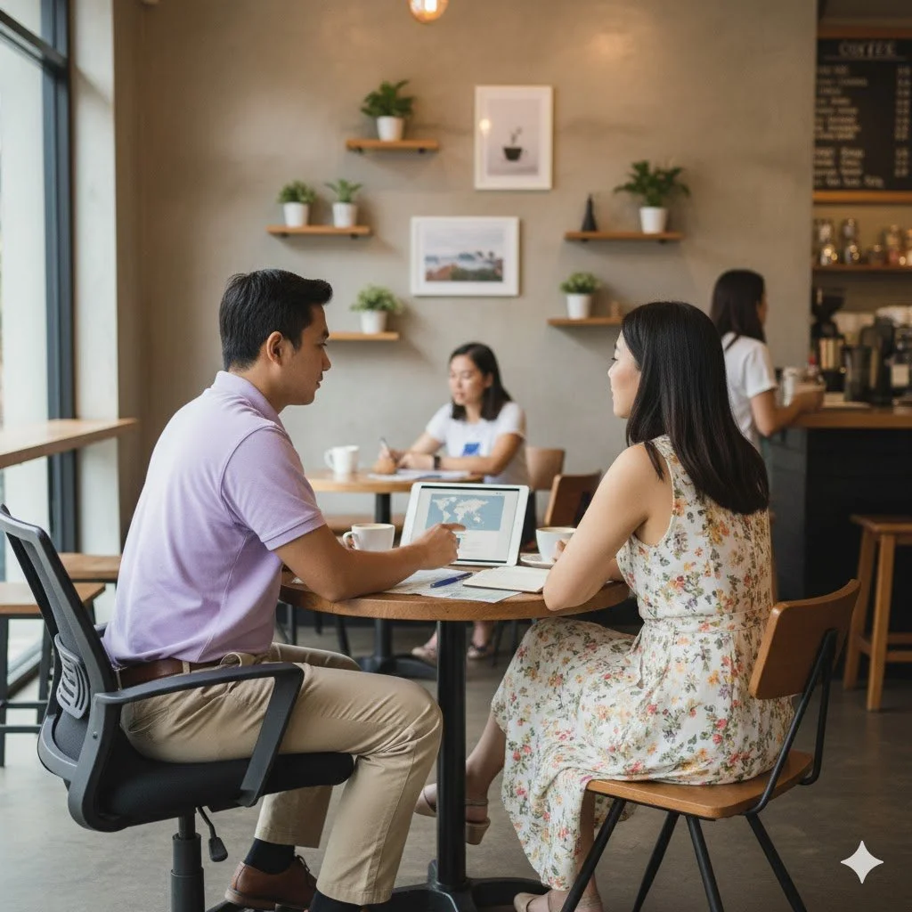 An AI-generated pic of travel advisor man and woman client sit at a round table in a coffee shop, engaging in a conversation planning travel while looking at a tablet.