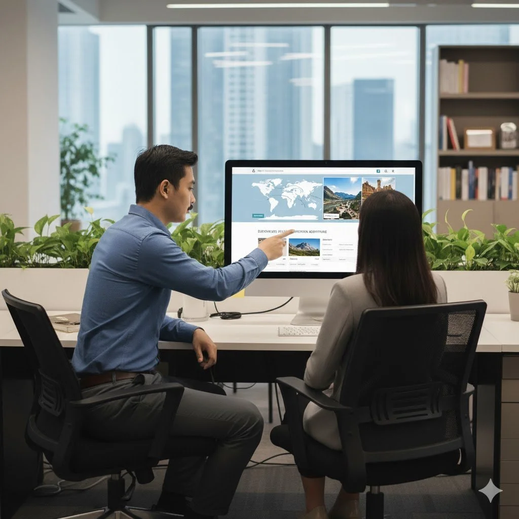 Two professionals, a man and a woman, are seated at a desk in an office with large windows overlooking a cityscape. The man is pointing at a computer screen displaying a world map and images of scenic locations, while the woman looks on.