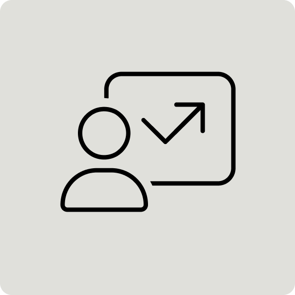 Icon of a person with an upward trending arrow in a speech bubble, representing growth or progress. For Multi-location maintenance and compliance management and transparent and efficient SpaceOps for an occupier