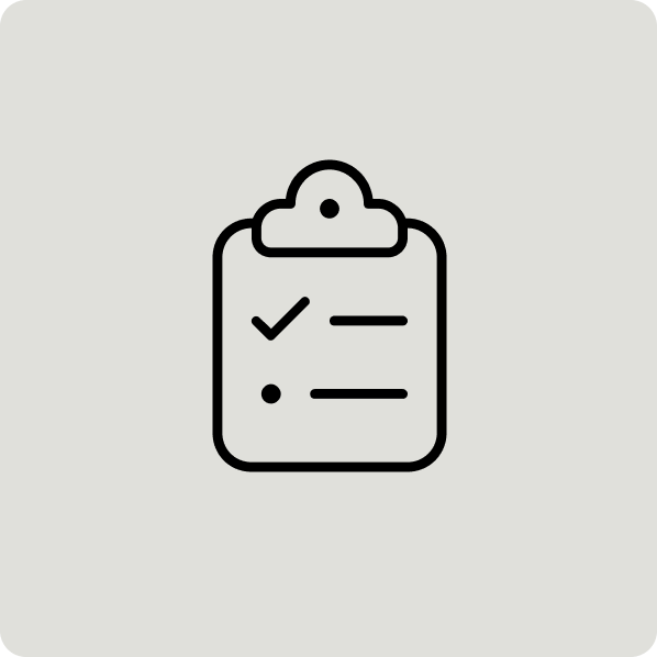 Icon of a clipboard with checkboxes and lines indicating a list or form. For Multi-location maintenance and compliance management and transparent and efficient SpaceOps for an occupier. Compliance checklists