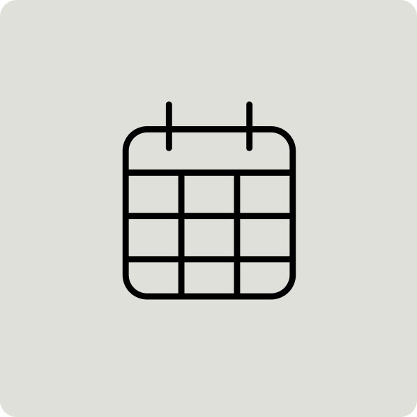 Simple black and white calendar icon with grid and two rings at the top. For Multi-location maintenance and compliance management and transparent and efficient SpaceOps for an occupier