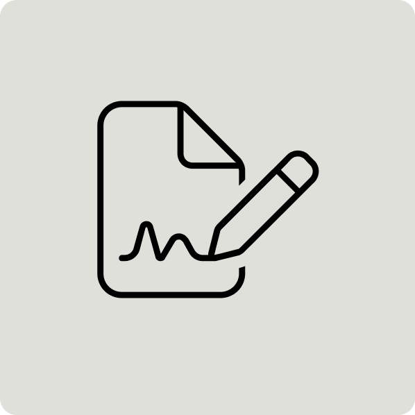 Icon of a document with a pen, representing editing or signing a document. For Multi-location maintenance and compliance management and transparent and efficient SpaceOps for an occupier