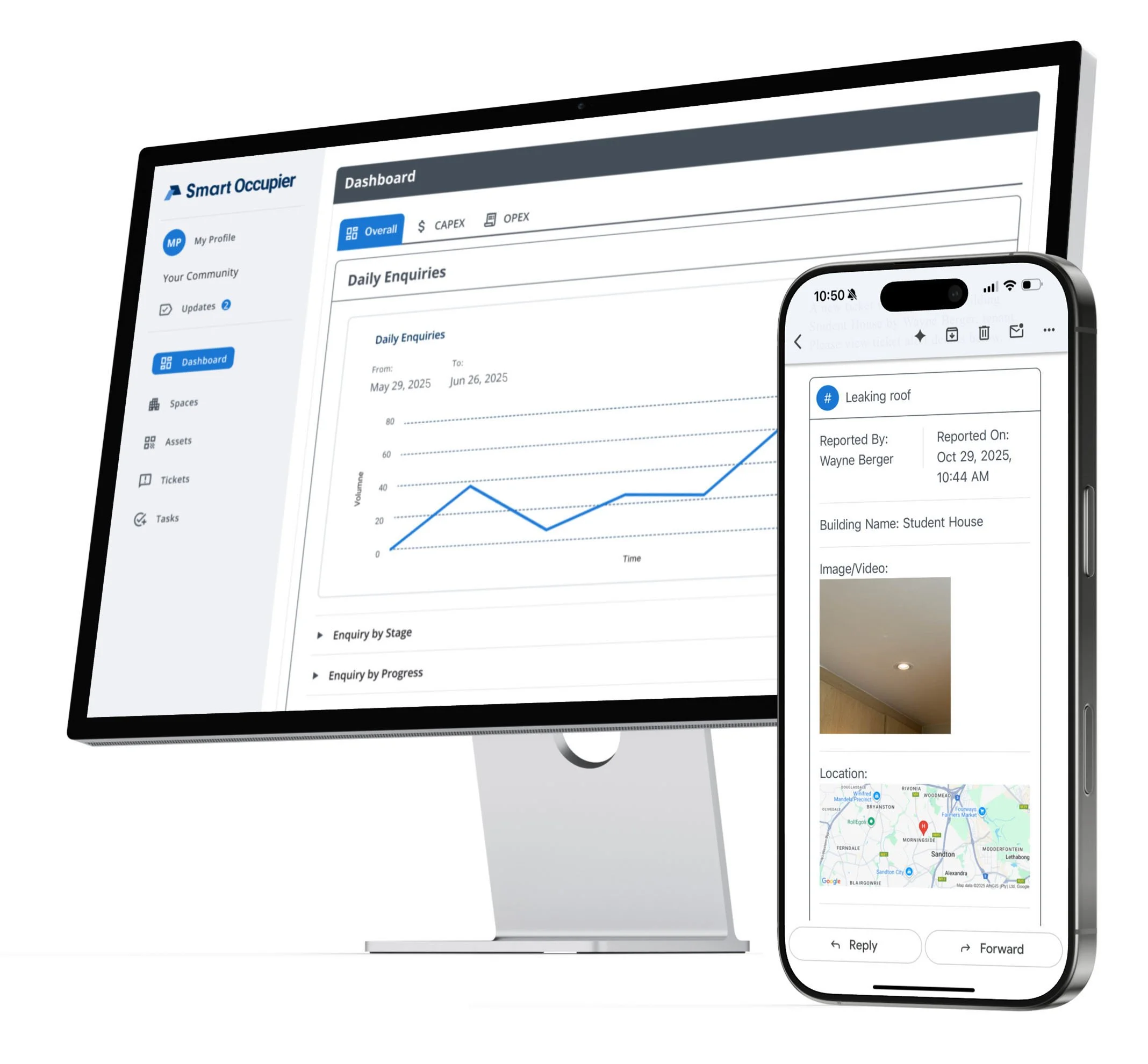 Computer monitor displaying a dashboard with daily enquiry data and line graph, alongside a smartphone screen showing a report of a leaking roof with a photo and location map.