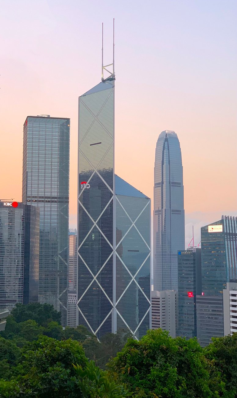 A cityscape featuring tall skyscrapers, with one prominent building having a unique diagonal cross-bracing design, set against a pastel-colored sky while greenery is visible in the foreground.