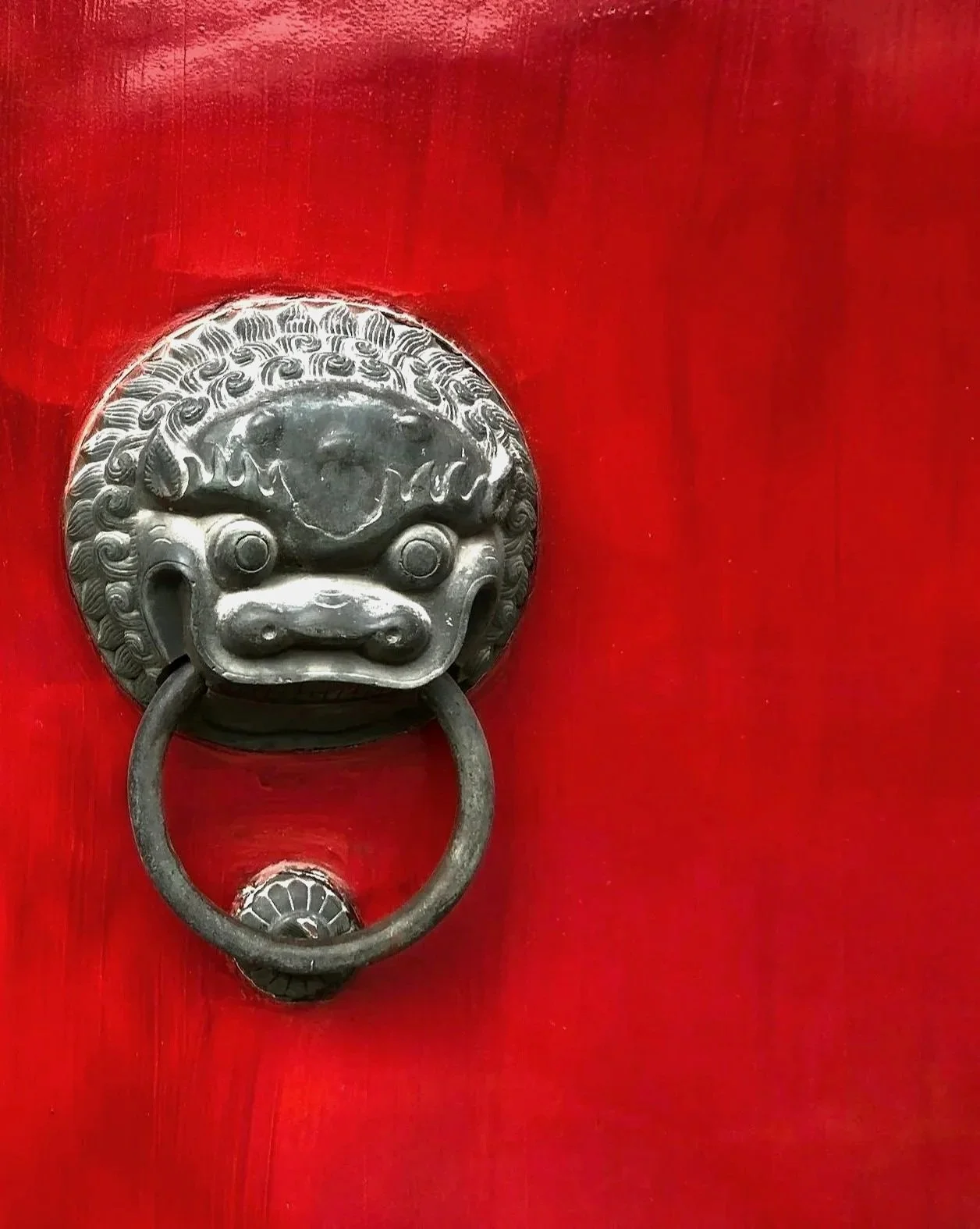 Close-up of a traditional Chinese door knocker featuring a fierce-looking lion's head with curly mane, metal ring in its mouth, mounted on a bright red door.
