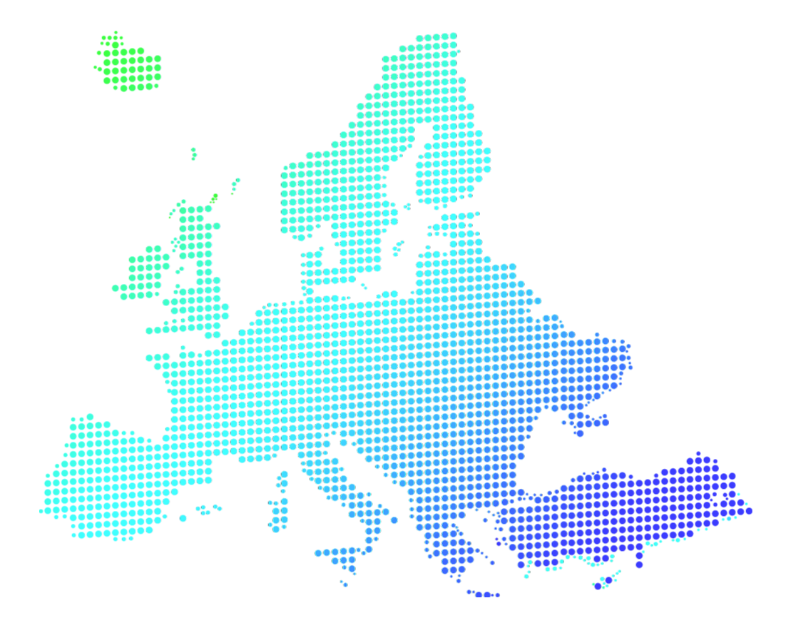 Map of Europe depicted with colored dots against a black background.