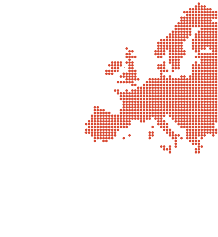 A dotted map of Europe with black labels for each country.