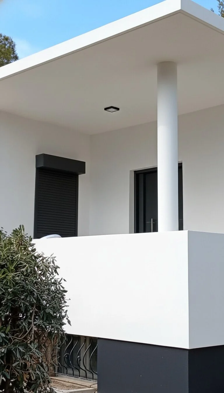 Completed modern white house exterior with clean facade, new column, and black shutters after comprehensive renovation in Nea Makri.
