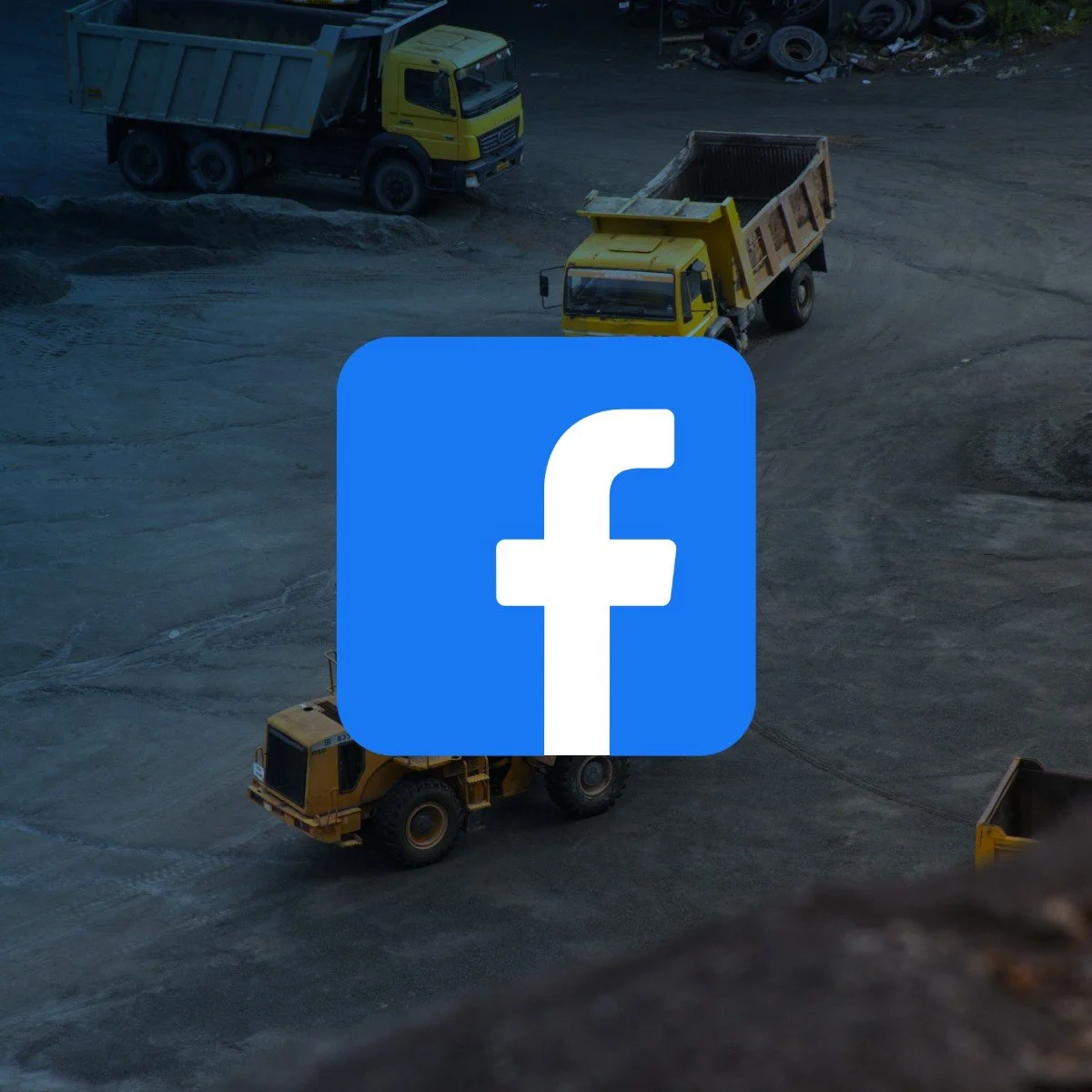 Yellow construction dump trucks and heavy machinery at a VIL&HO project site in Athens with a Facebook logo overlay.