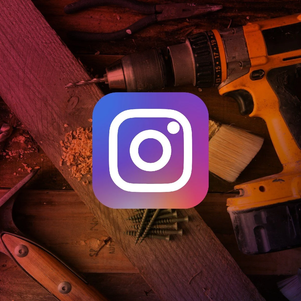 Top-down view of construction tools including a power drill, wood planks, and screws with an Instagram logo overlay.