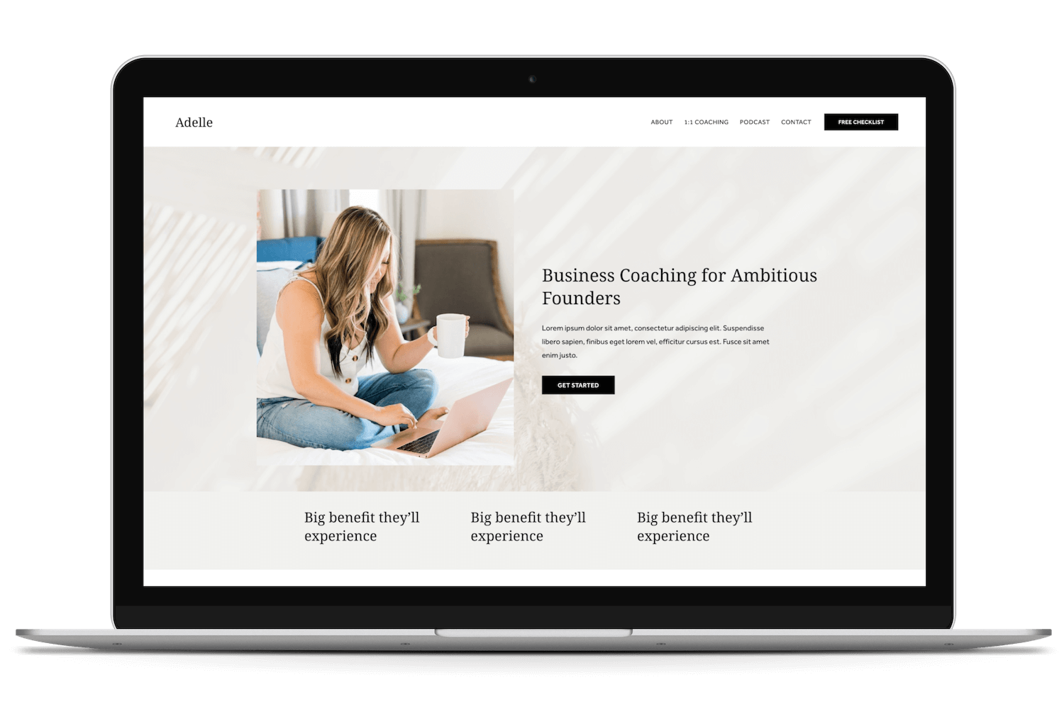 Laptop screen displaying a website titled 'Business Coaching for Ambitious Founders,' with a woman sitting on a bed holding a coffee mug and working on a laptop.