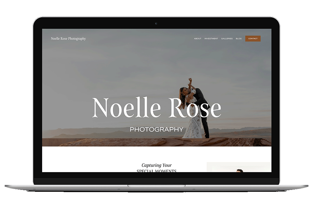 Laptop screen displaying a photography website titled 'Noelle Rose Photography,' with a background image of a couple dancing outdoors at sunset.
