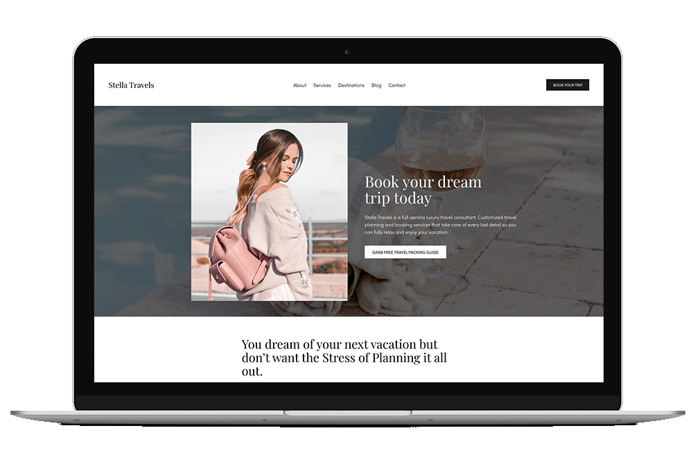 Travel website homepage for Stella Travels with a woman holding a pink backpack and a glass of rosé.
