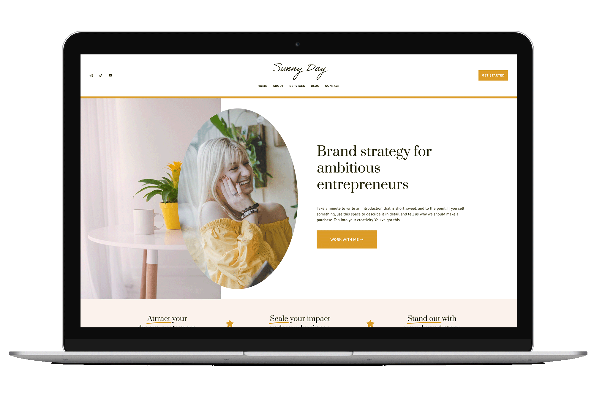 Laptop displaying a website with a woman smiling, yellow and white decor, a potted plant, and text about brand strategy for entrepreneurs.
