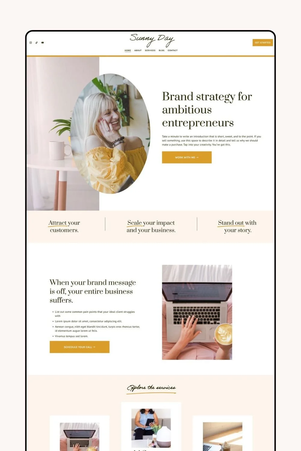 Laptop displaying a website with a woman smiling, yellow and white decor, a potted plant, and text about brand strategy for entrepreneurs.