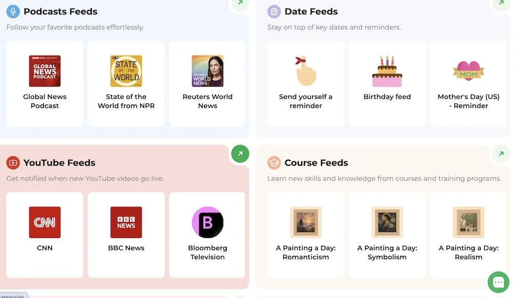 follow.it dashboard showing different feed and monitoring options that can be set up to track websites, news, social media, and other updates.