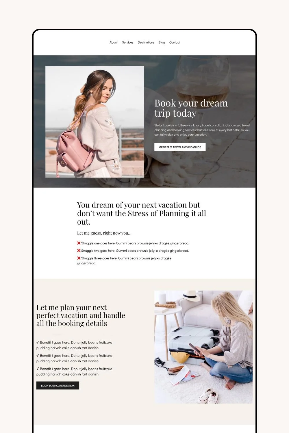 Travel website homepage for Stella Travels with a woman holding a pink backpack and a glass of rosé.