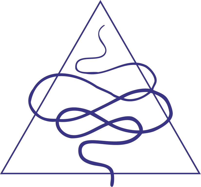 Abstraktes geometrisches Kunstwerk mit einer blauen, verschlungenen Linie in einem großen Dreieck auf schwarzem Hintergrund.