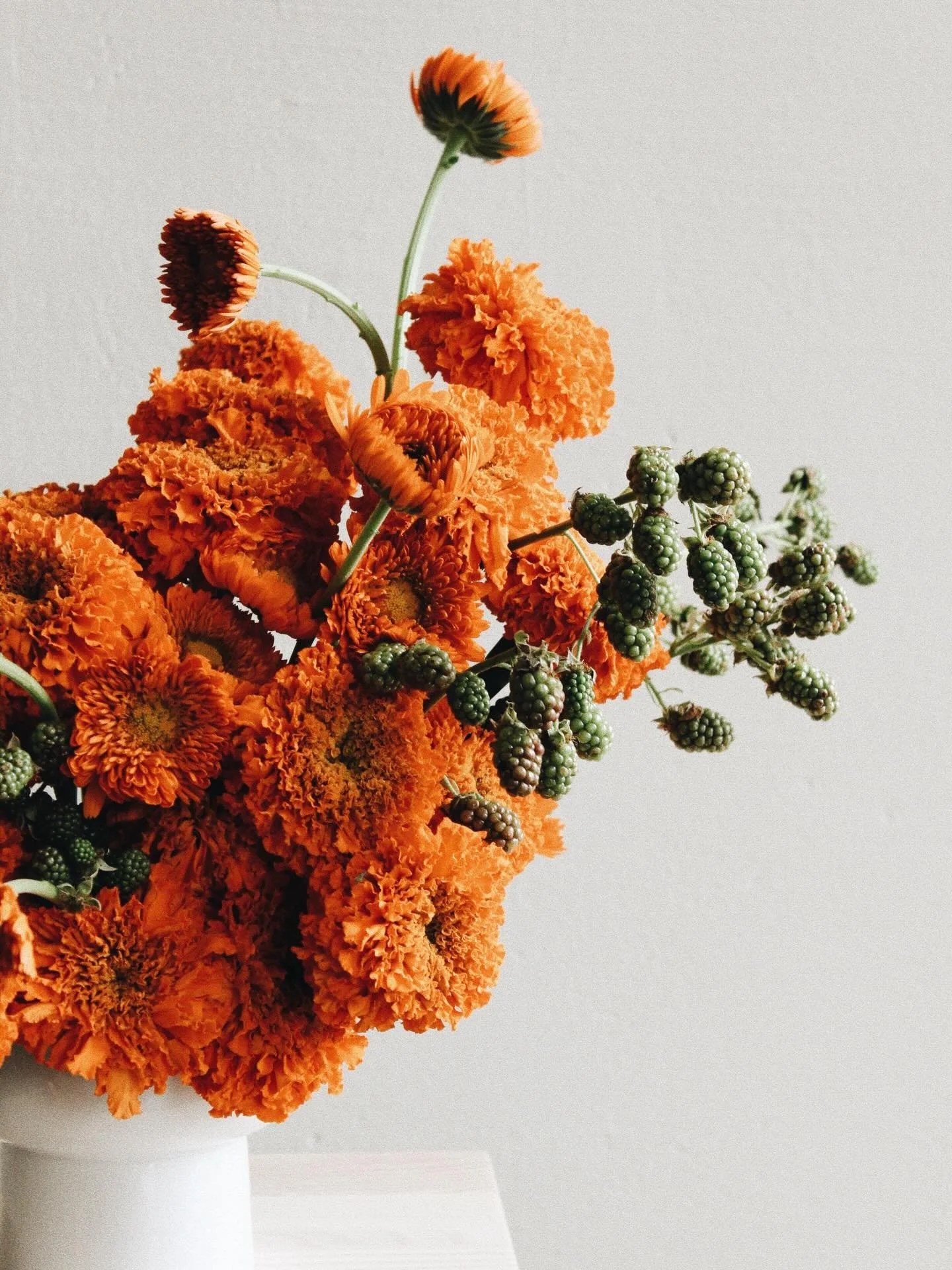 Tagetes, ringblomma och omogna bj&ouml;rnb&auml;r. Det &auml;r gott s&aring;!