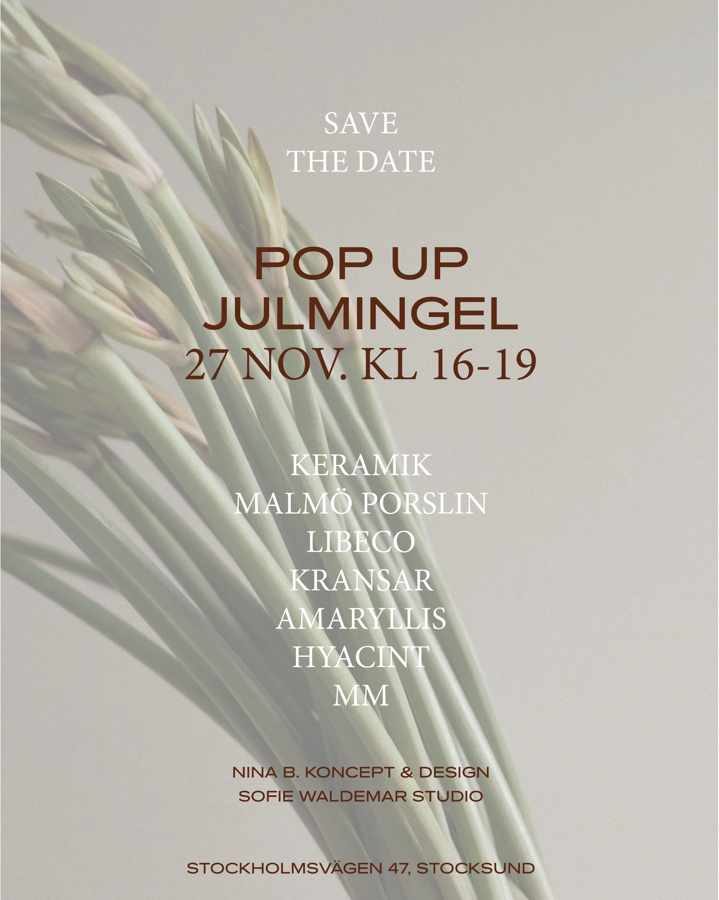 Fredag 27 november bjuder vi in till pop up &amp; mingel inf&ouml;r f&ouml;rsta advent. Vi fyller upp med keramik av Nina, Malm&ouml; porslin, belgiskt linne fr&aring;n Libeco, d&ouml;rrkransar, amaryllis &amp; hyacintl&ouml;kar, smycken, tv&aring;l 