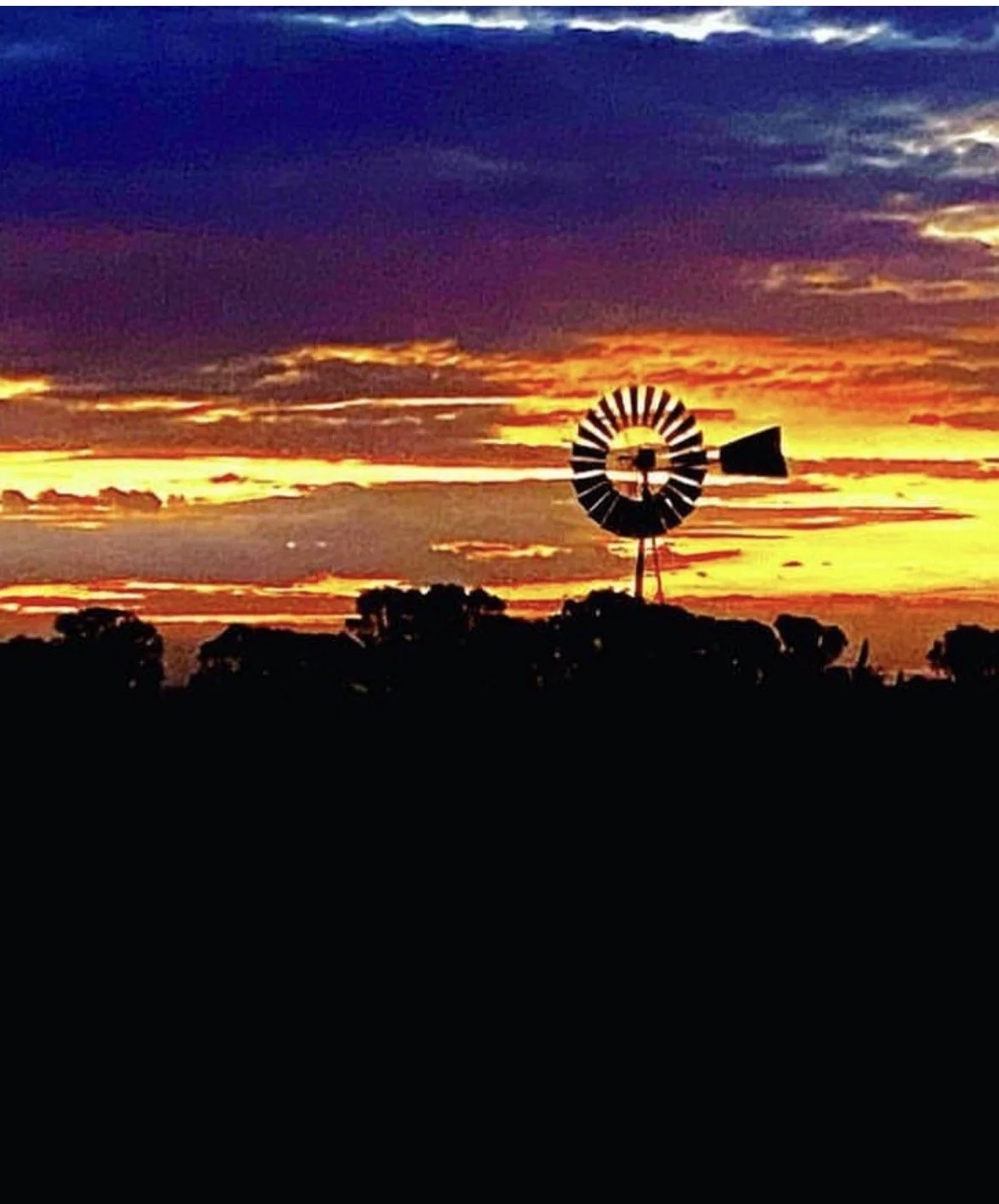 Silhouette of a windmill against a colorful sunset sky with dark trees in the foreground.