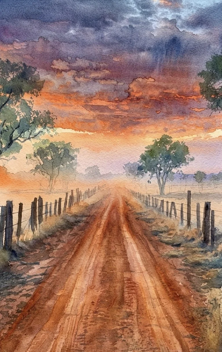 Watercolor painting of a dirt road stretching into the distance, flanked by wooden fences and sparse trees, with a colorful sunset sky featuring clouds in shades of purple, pink, and orange.