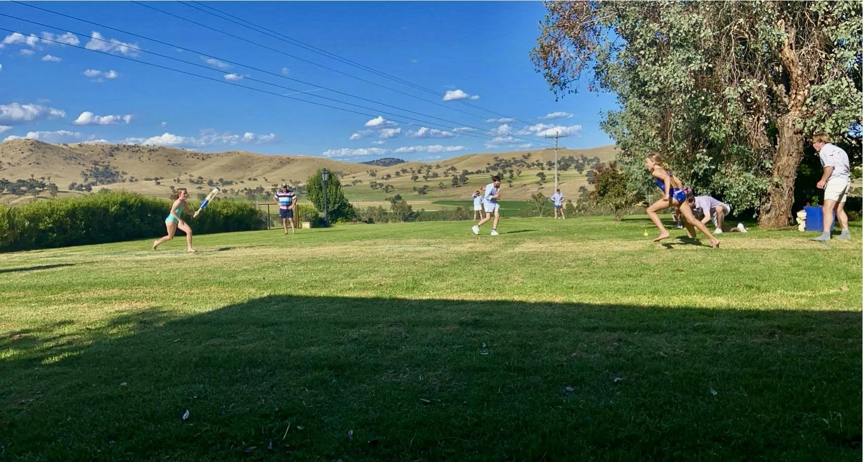 Children playing a game of relay race outdoors on a sunny day, with a large tree and rolling hills in the background.