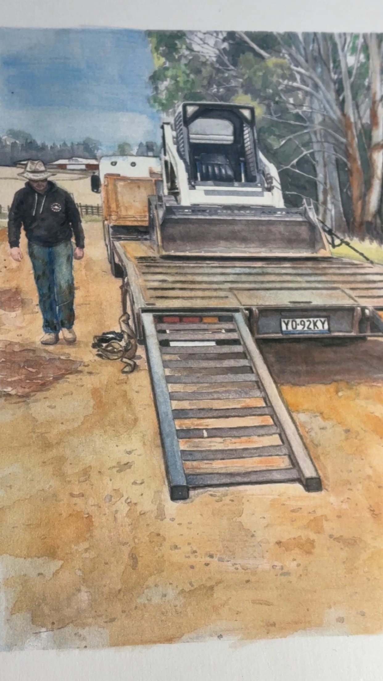 A watercolor painting of a man walking beside a truck on a rural dirt road with trees and a farm building in the background.