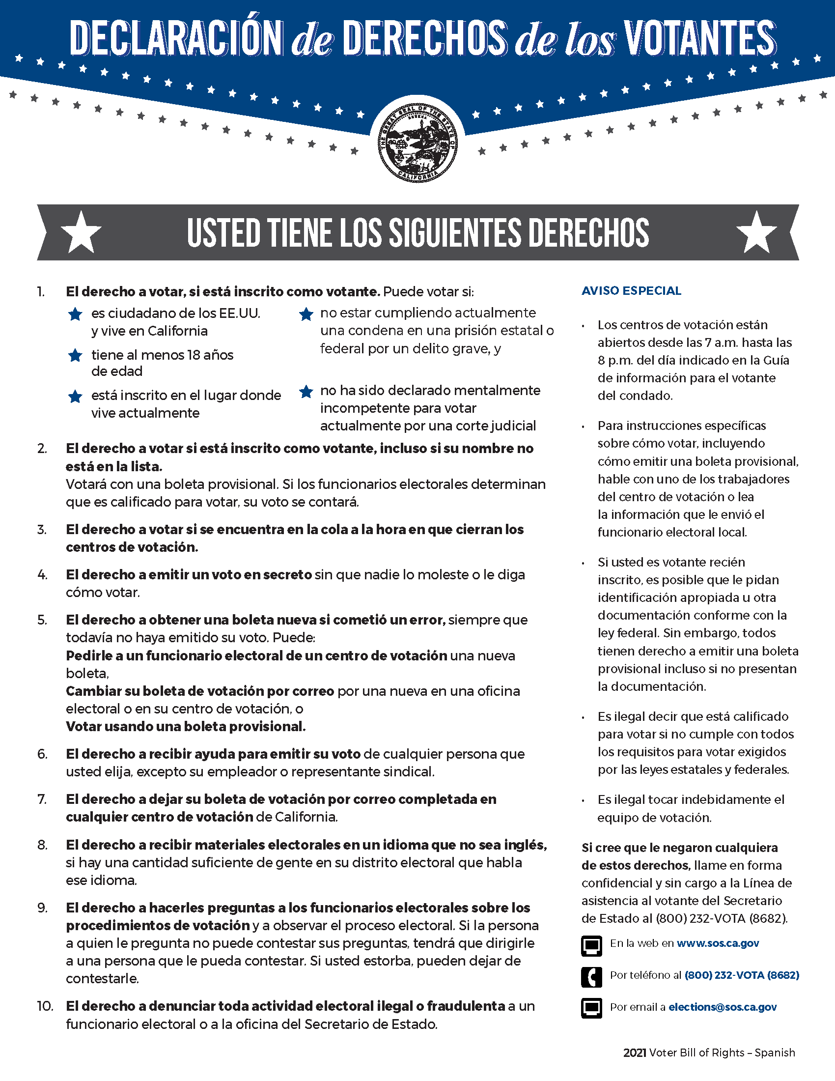 A bilingual voter rights declaration sheet titled "DECLARACIÓN de DERECHOS de los VOTANTES" with official seals, stars, and text in Spanish detailing voter rights and instructions for voting in California, including information about polling hours, provisional ballots, and legal protections.