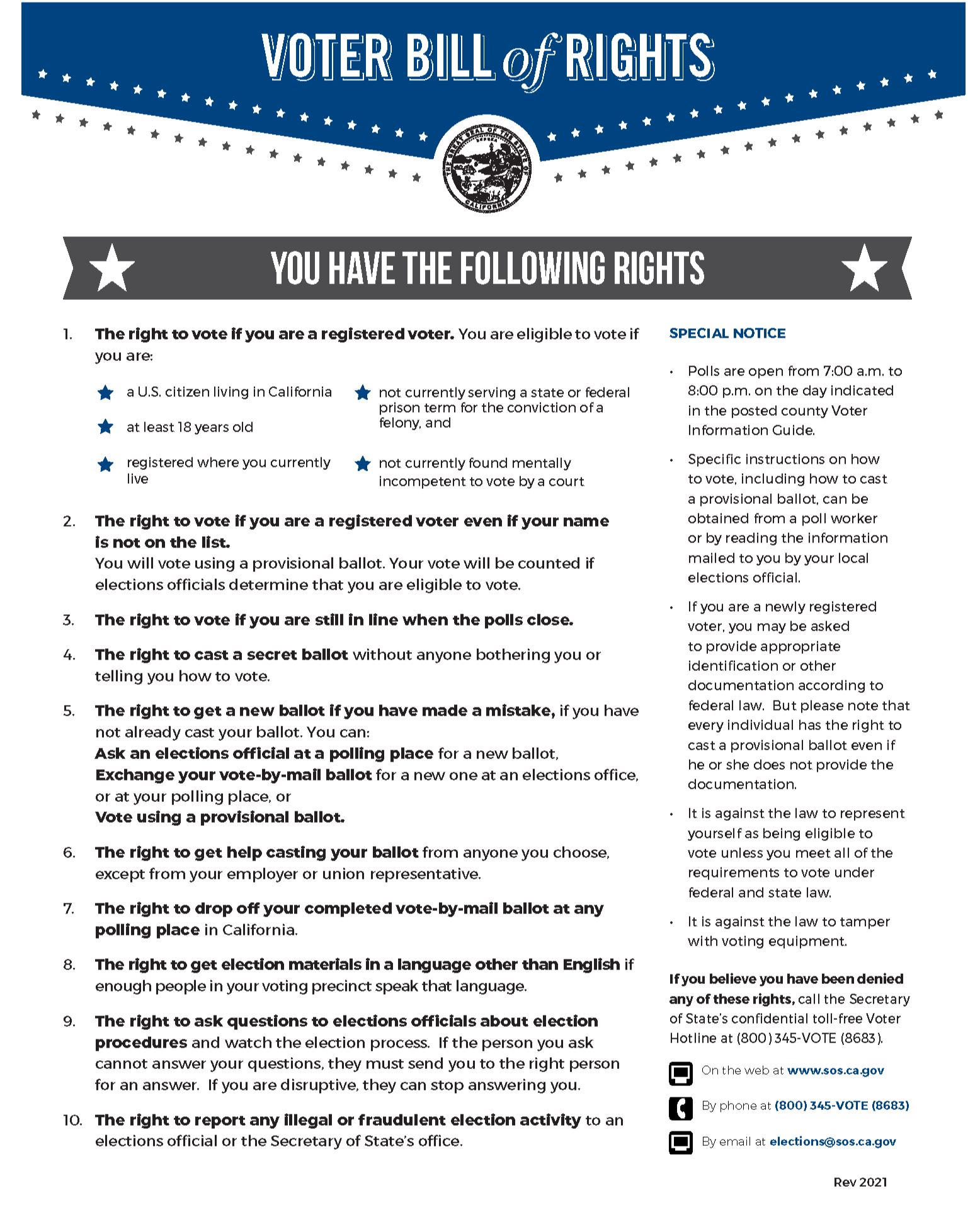 A California voter bill of rights informational sheet, including sections on voting eligibility, voting procedures, and rights, with contact details and a website link at the bottom.