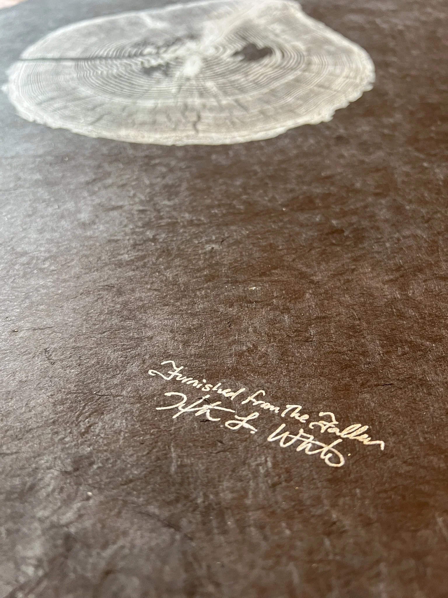 Close-up of a textured brown surface with a small, white handwritten note that reads 'Finished For the Fallen' followed by a signature 'H G L. Wingo'. A circular piece of a tree cross-section with visible growth rings is partially visible at the top of the image.