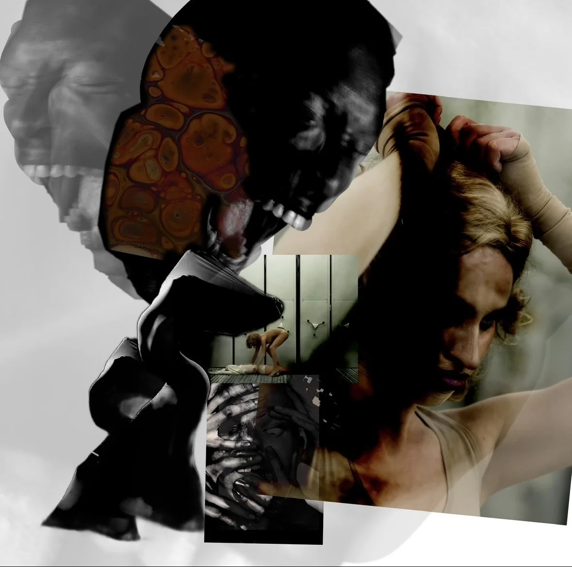 Collage aus mehreren überlappenden und miteinander verschmolzenen Fotos von Menschen in verschiedenen emotionalen Zuständen.