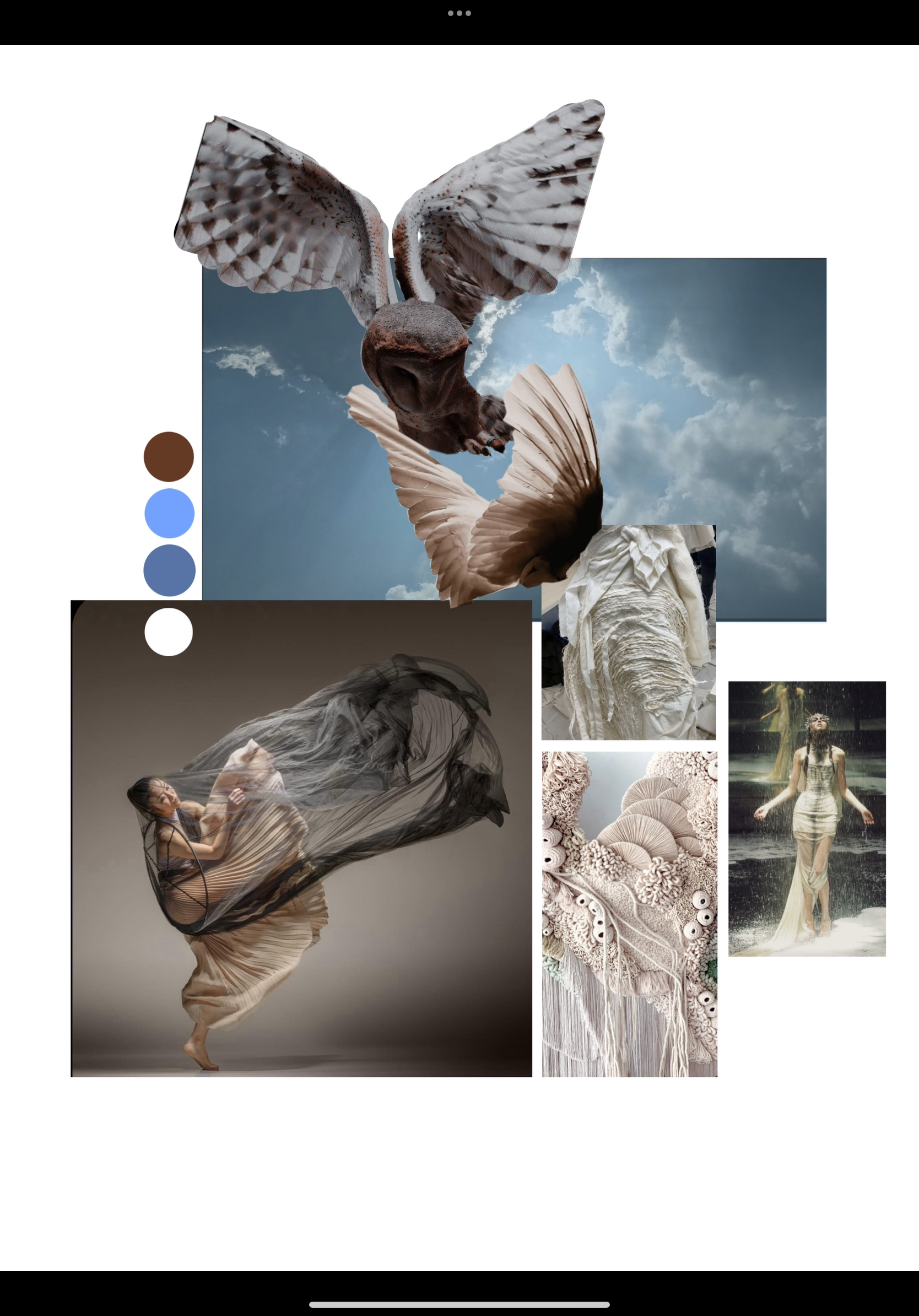 Kunstfotografie mit tanzenden Frauen, geflügelten Motiven und Texturen in Creme- und Beigetönen, mit Himmel- und Regeneffekt im Hintergrund.