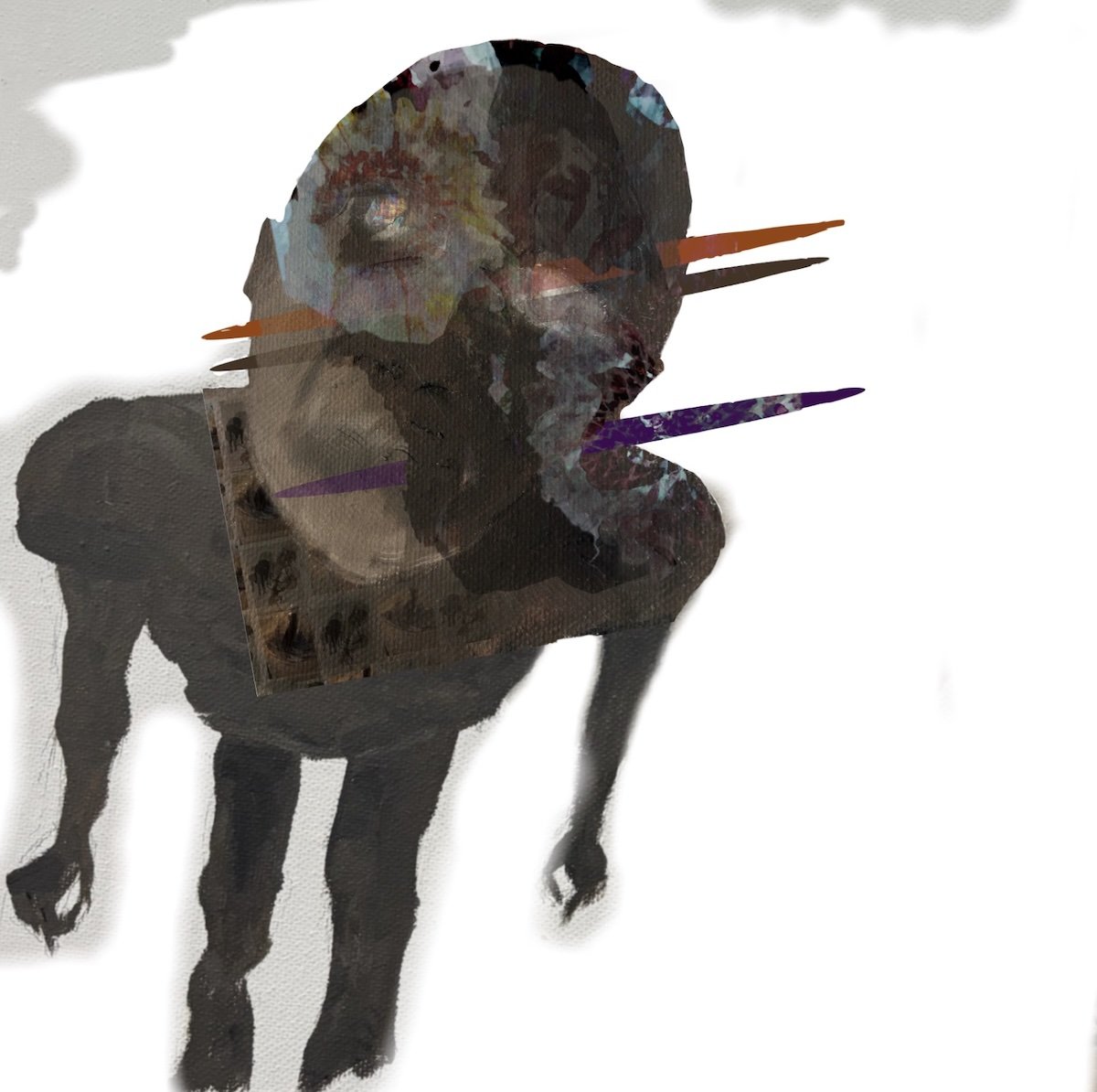 Abstraktes Digitalkunstwerk eines schwarzen Hundes mit mehreren farbigen Linien und Gesichtern im Kopfbereich, vor weißem Hintergrund.