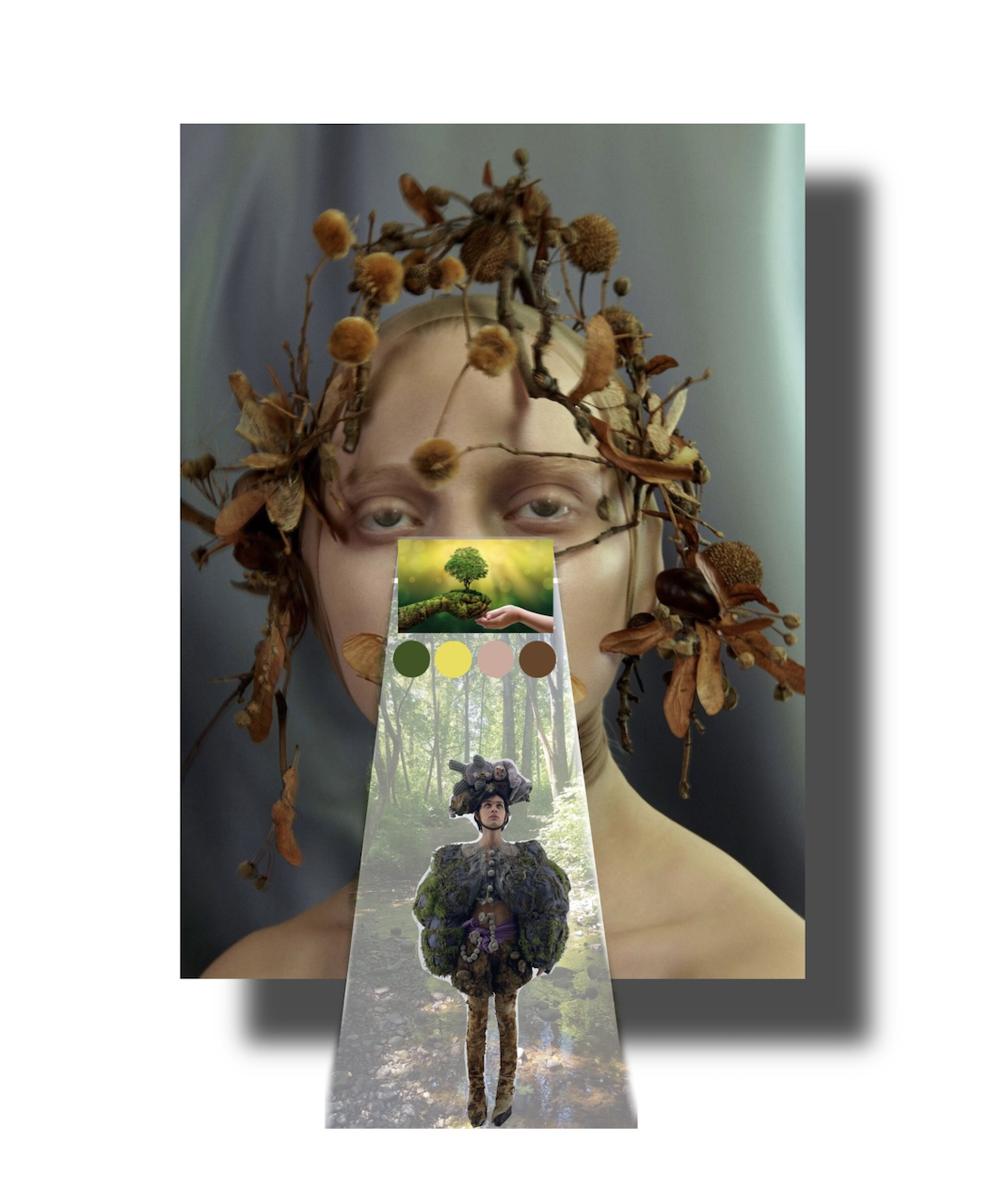 Ein künstlerisches Bild eines Menschen mit einem Kopf, der von getrockneten Pflanzen und Zweigen umgeben ist. Über dem Kopf befindet sich eine Collage mit einem Baum und einem ausgestreckten Händedruck, gefolgt von einem Wald mit einer Person in eine