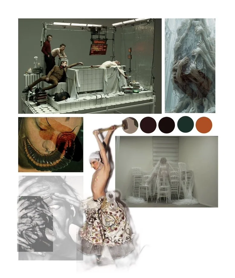 Kunstcollage mit Fotos und Farbpalette. Oben links: surrealistische Szene mit Personen in einem sterilen Raum, eine Person liegt auf einer Liege, andere beobachten. Oben rechts: Hände, die eine Person in einem Wasserfall umarmen. Mitte links: Nahaufn