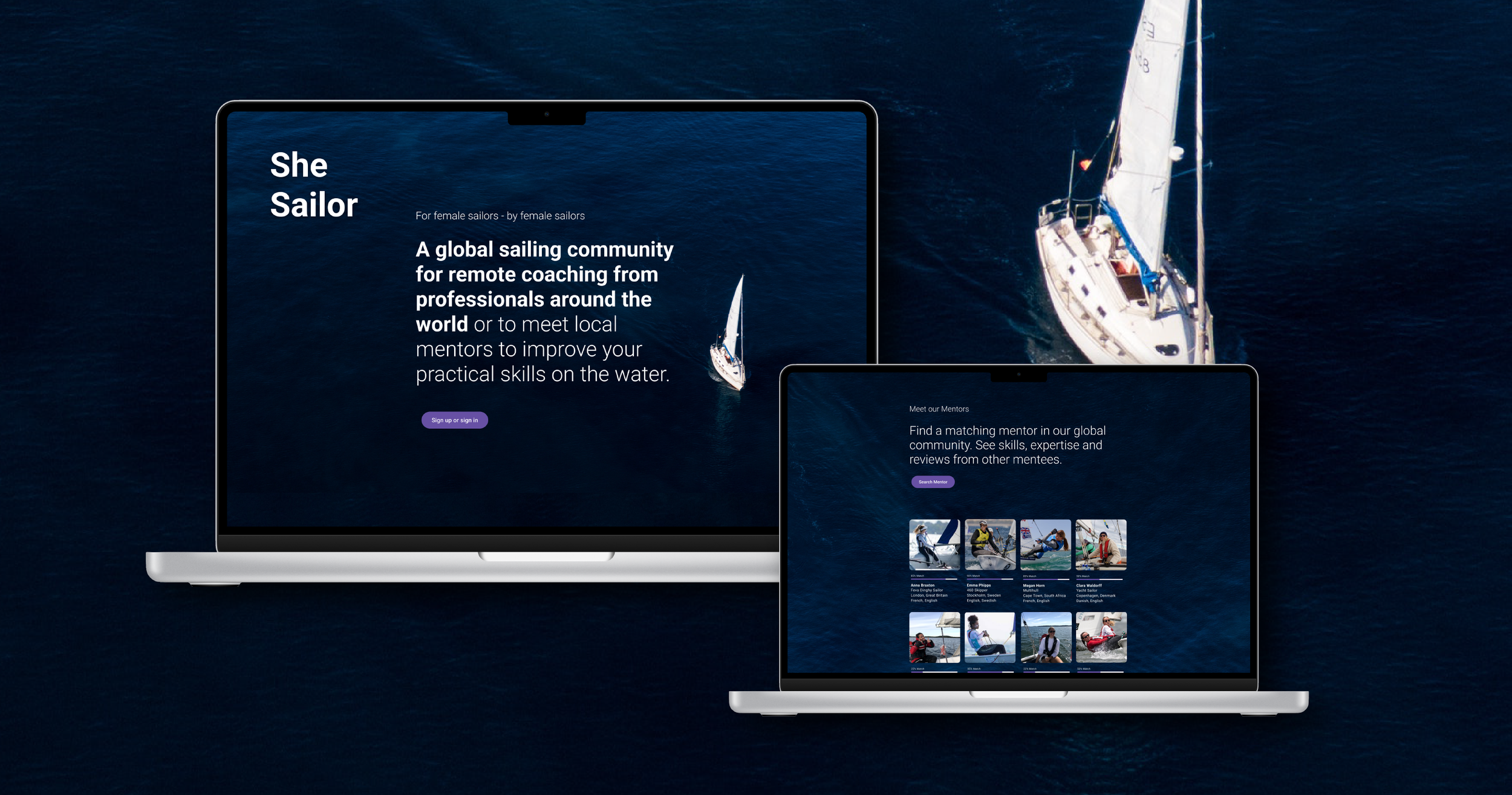 Laptop displaying a sailing community website with images of women sailing on the water, set against an aerial view of a sailboat on the ocean.