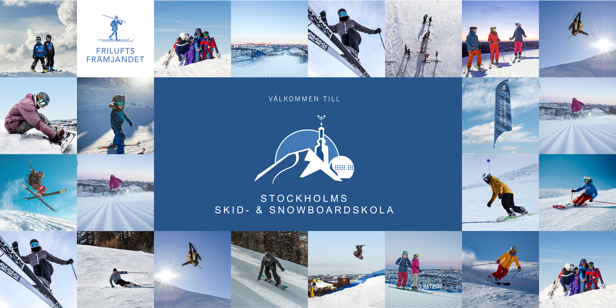 Collage of people skiing and snowboarding on a snowy mountain and in urban snow areas, with a central blue section displaying the Stockholm Skid- & Snowboardsskola logo and text, and the phrase 'Välkommen till'.