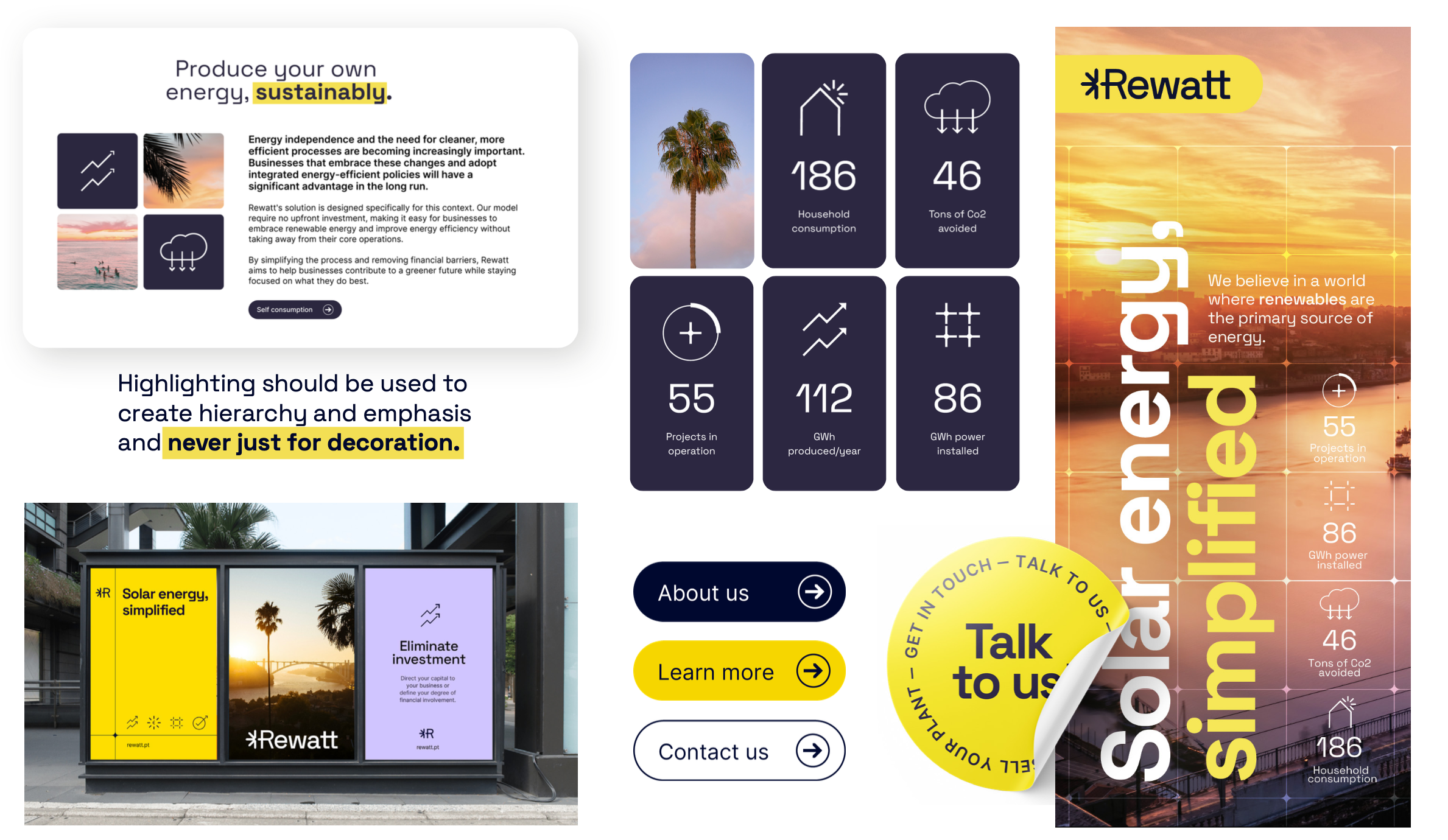 Collage of images and graphics promoting renewable energy solutions by Rewatt, including solar panels, icons representing energy statistics, a sunset over a cityscape, and promotional texts highlighting sustainable energy benefits.