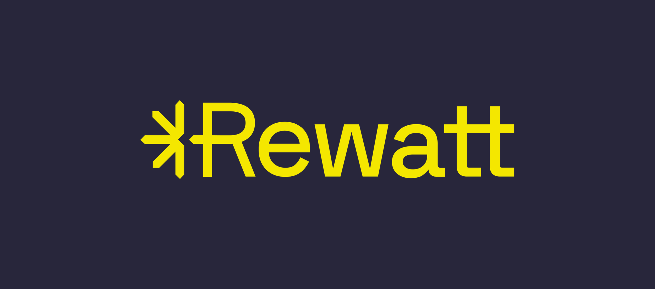 Text reading 'Rewatt' in yellow on a dark background, with a sun symbol forming part of the first letter