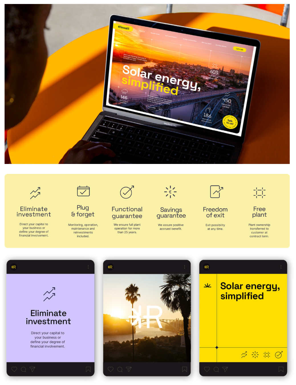 The image features a person using a MacBook Pro laptop with a website displaying solar energy information. The webpage shows a sunset over a cityscape, with the text 'Solar energy, simplified'. Below the laptop are three smartphone screens, with the first showing 'Eliminate investment', the second showing a sunset with palm trees, and the third repeated 'Solar energy, simplified' on a yellow background.