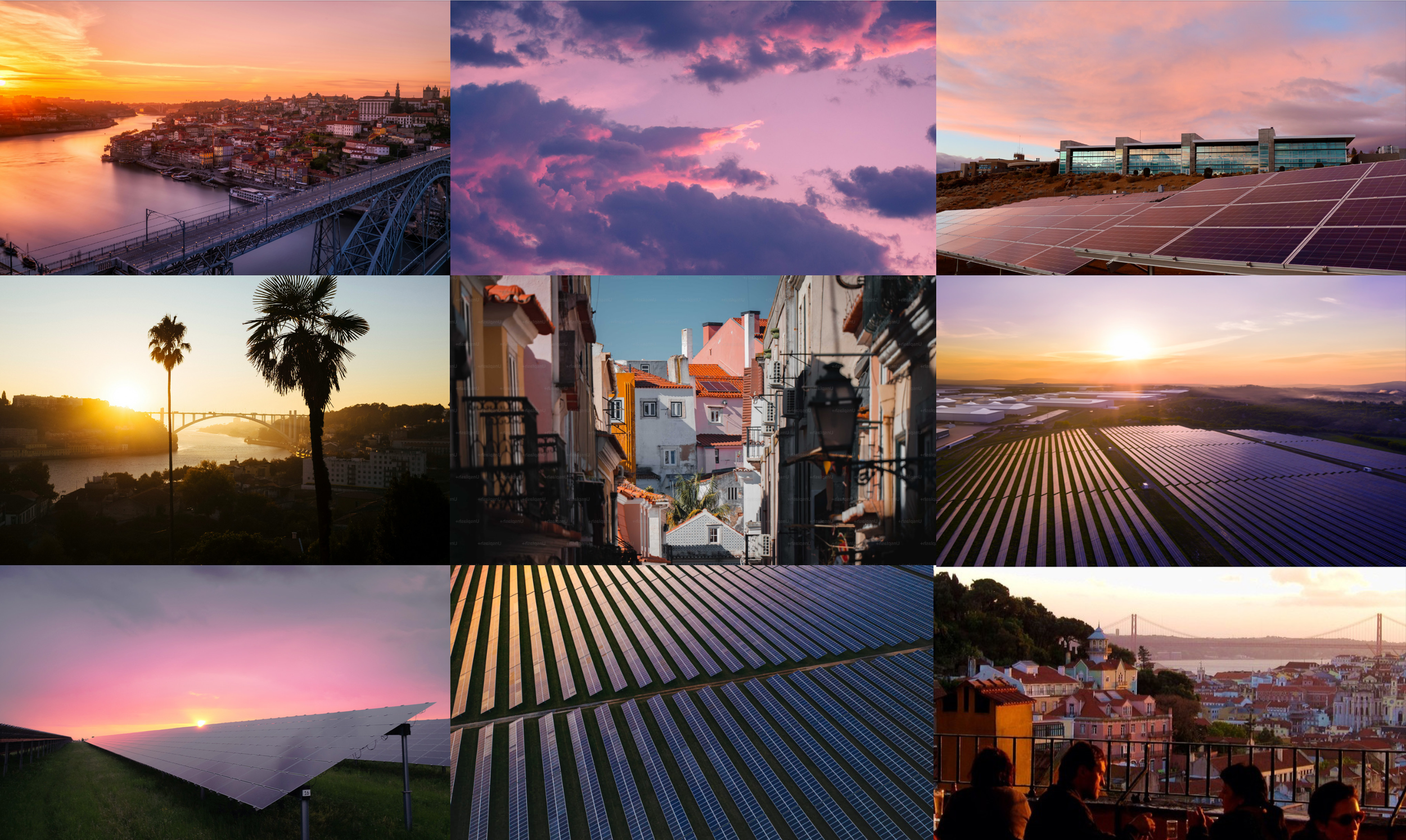 A collage of nine photos, each showing different scenic views during sunset or sunrise, including cityscapes, bridges, solar panels, and people enjoying the view.