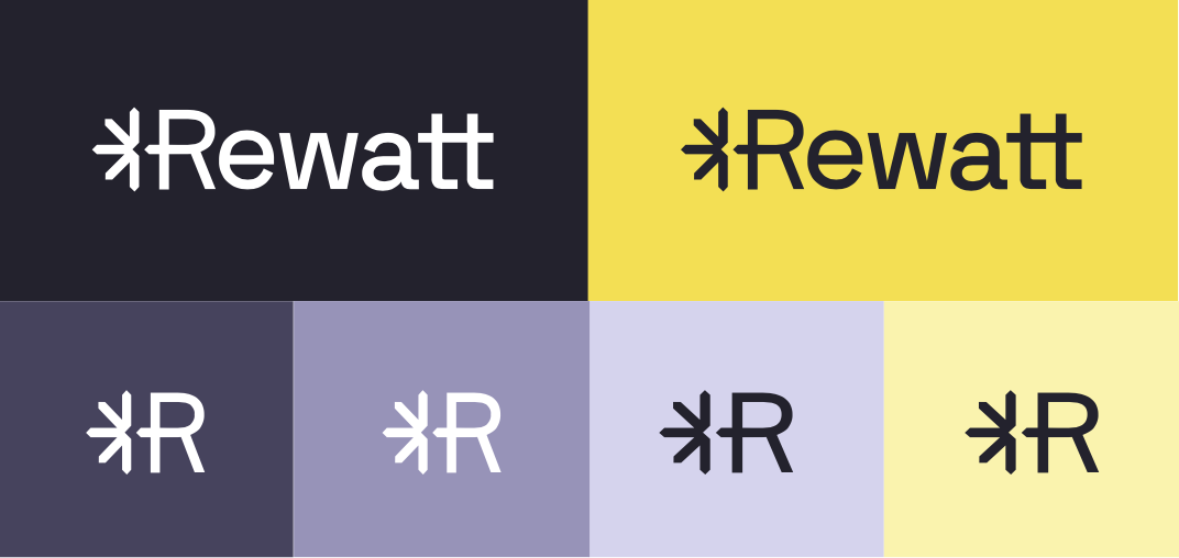 A collage of six different logo variations of Rewatt, featuring a stylized asterisk symbol with the letter 'R' in various colors and backgrounds.
