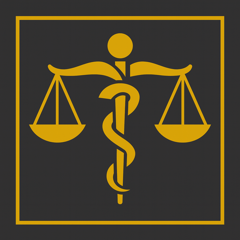 An icon of a caduceus with a rod and snake, combined with a balance scale, symbolizing medicine and justice.