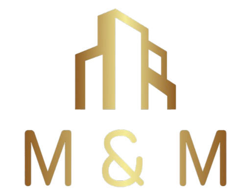 Logo with stylized building illustration above the text 'M & M' in bold brown and cream colors.